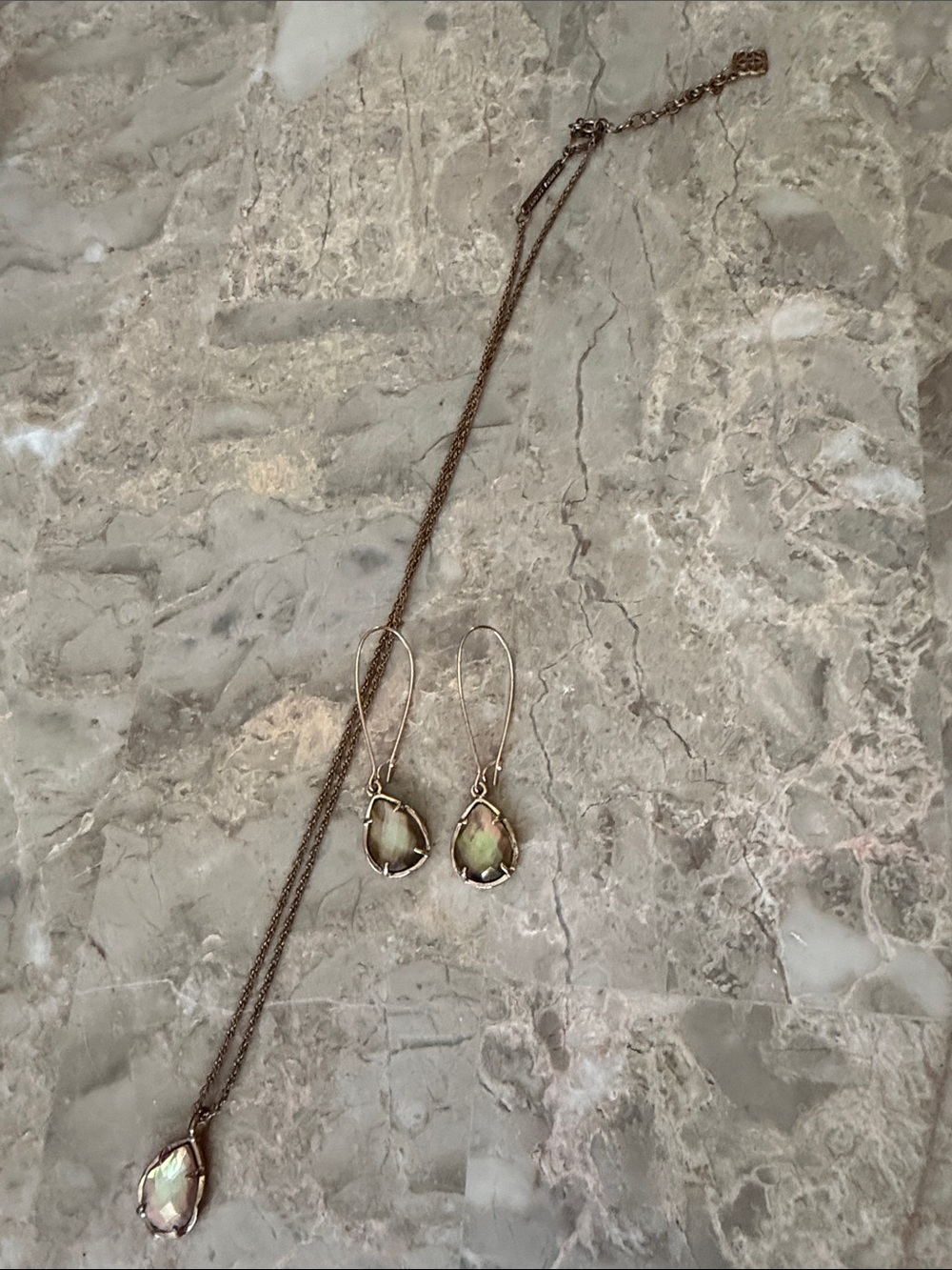 Kendra Scott Rose Gold Iridescent Teardrop Necklace and Earrings Set